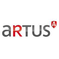 logo artus graue und rote schrift auf weißem grund